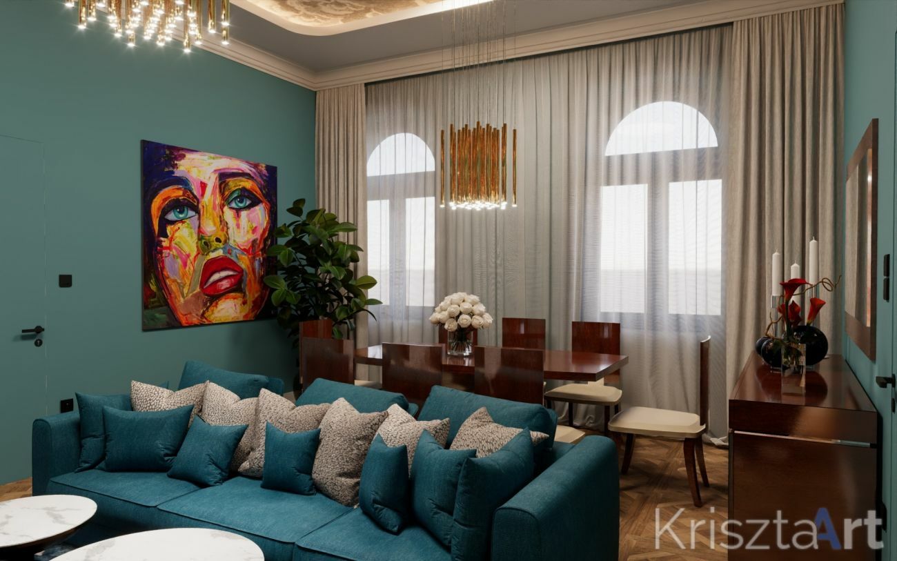 Türkiz és egzóta fa színek kombinációja egy kis art deco hangulattal