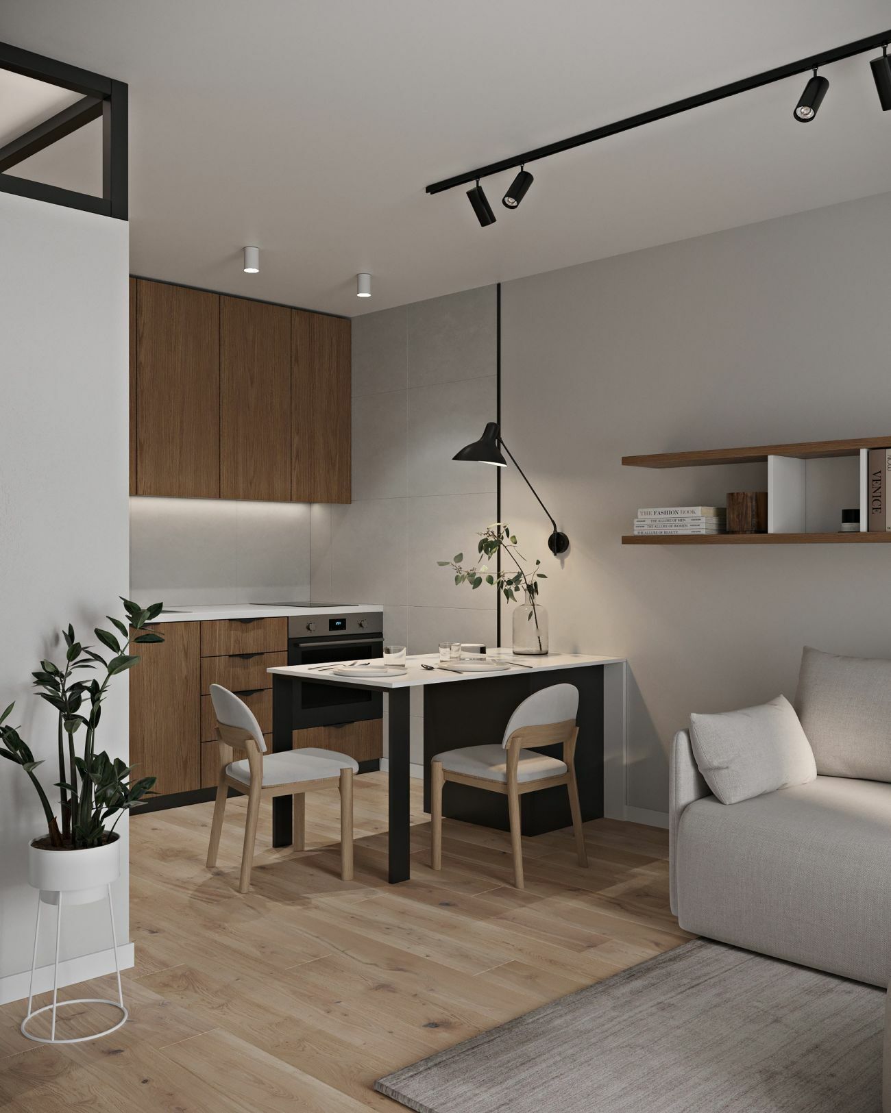 Kis lakás falhoz tolt étkezőasztal