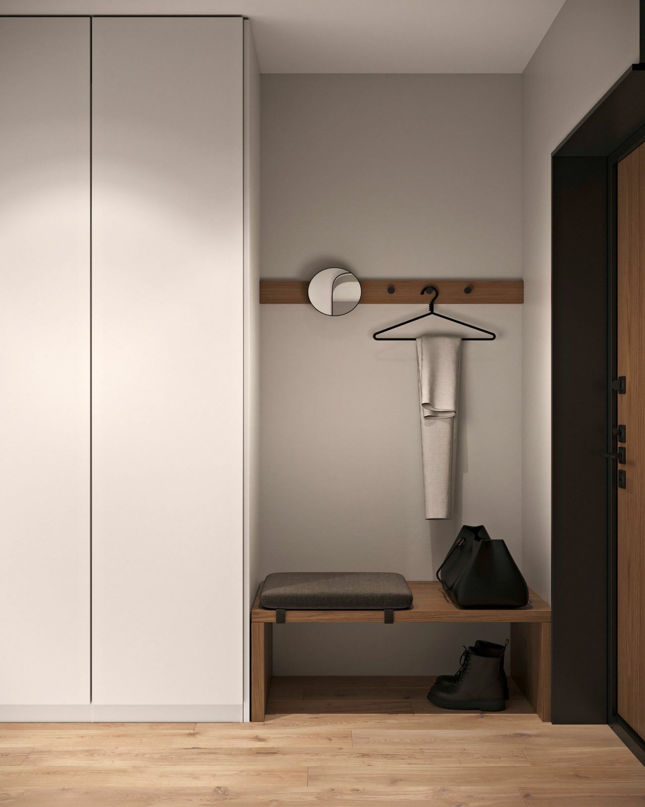 Előszoba kis fapaddal, nagy szekrénnyel