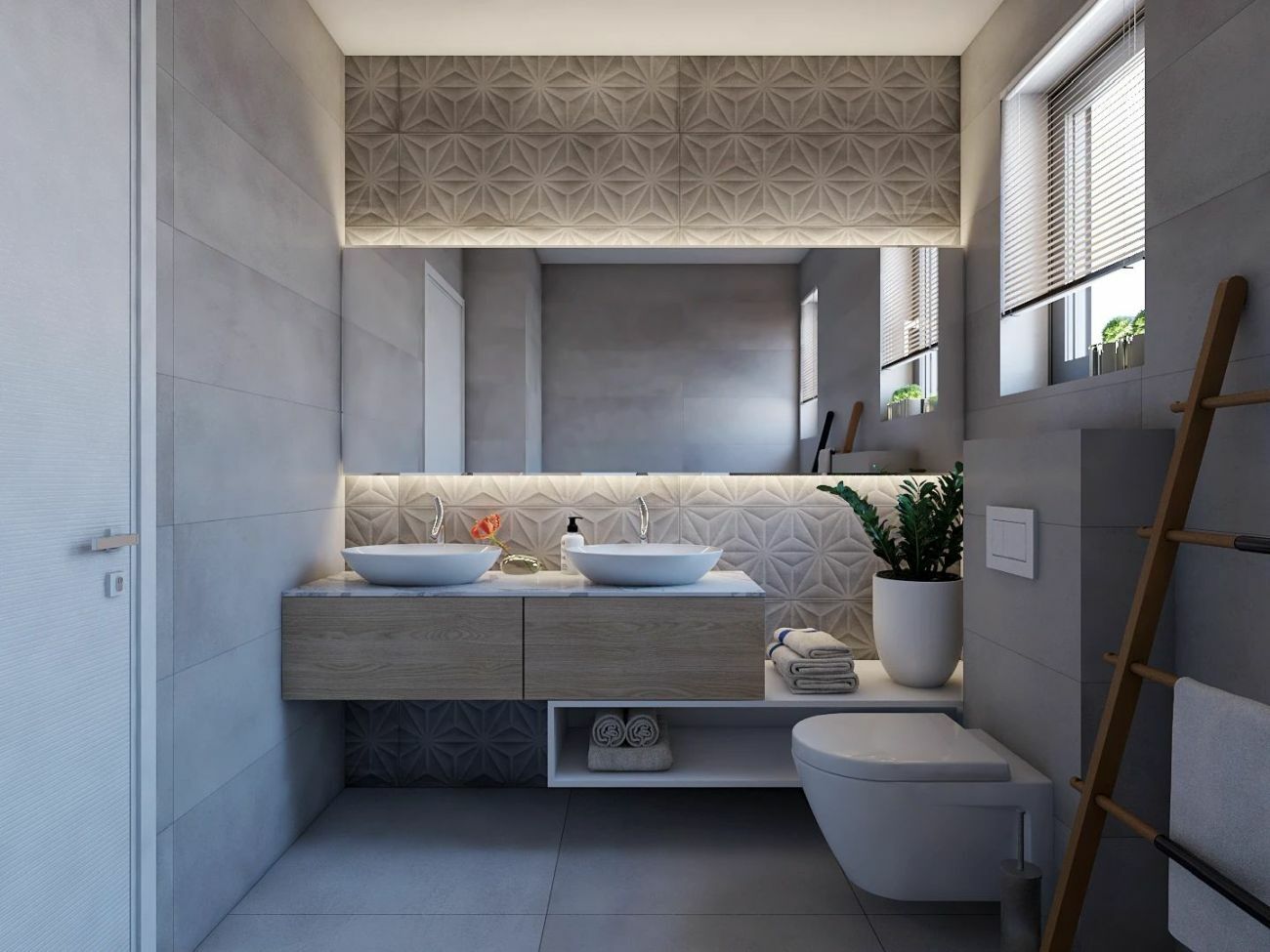 Dupla mosdó a fürdőben és rejtett led világítás a tükör mögött