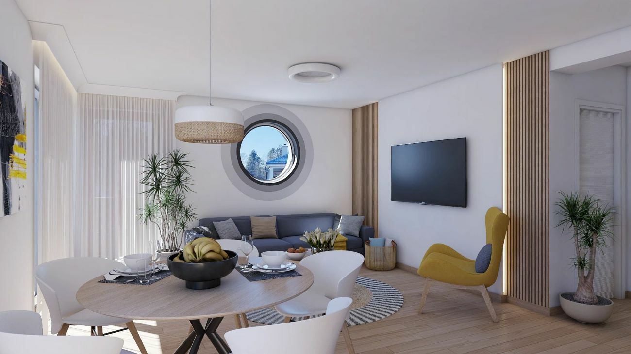 Kék kanapé, sárga fotel a nappali bútorai