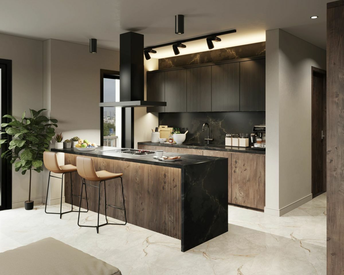 Antracszürke és sötétbarna konyhabútor színkombináció