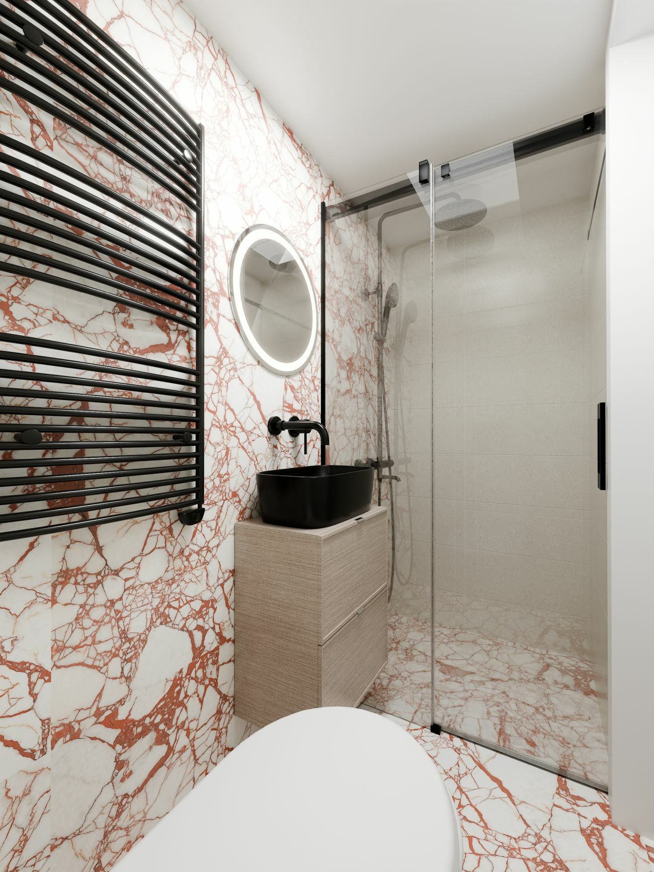 Vörös erezetű kőminta a fürdőszobában