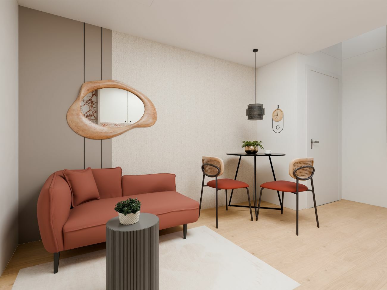 Korallvörös kanapé és pici étkező