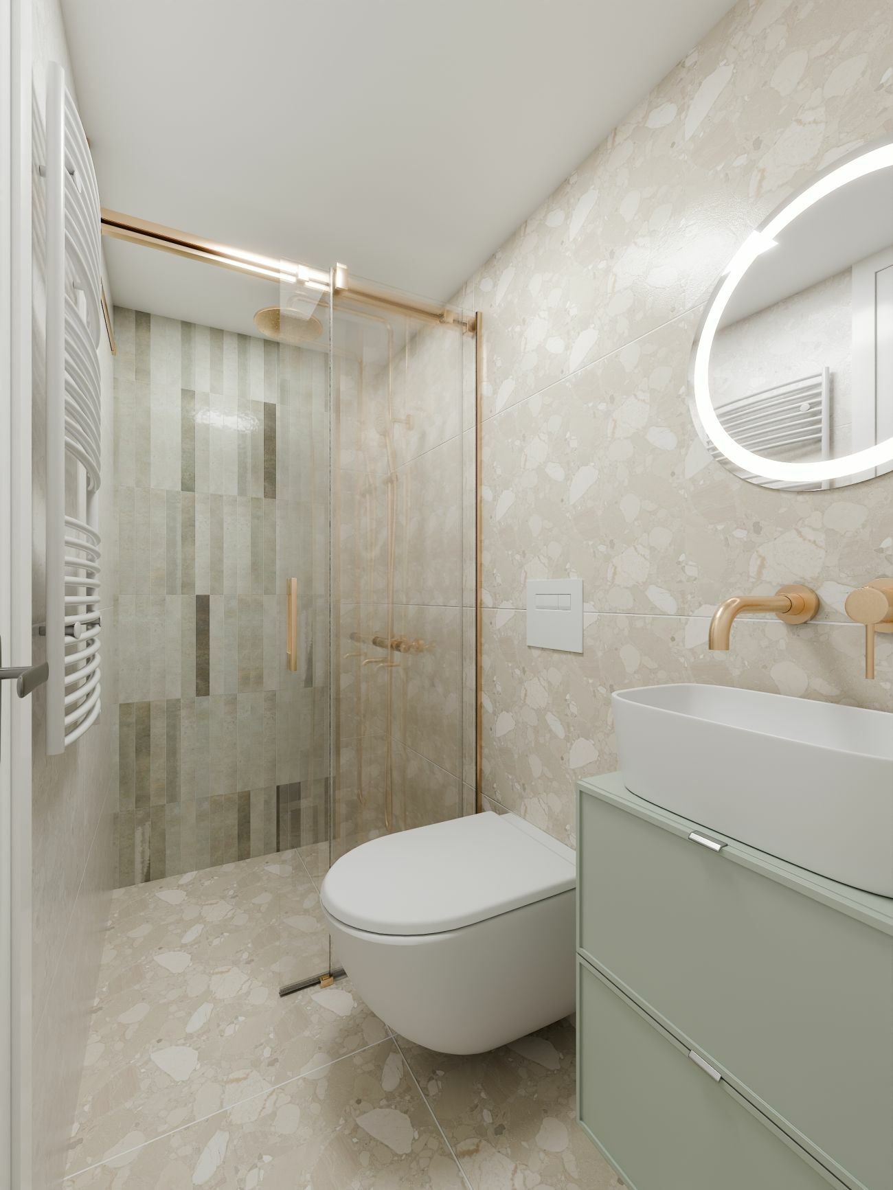 Modern kis alapterületű zuhanyzós fürdőszoba