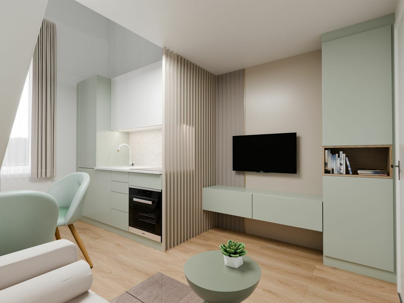 A kis konyha és a méretre készített nappali bútor egy oldalon