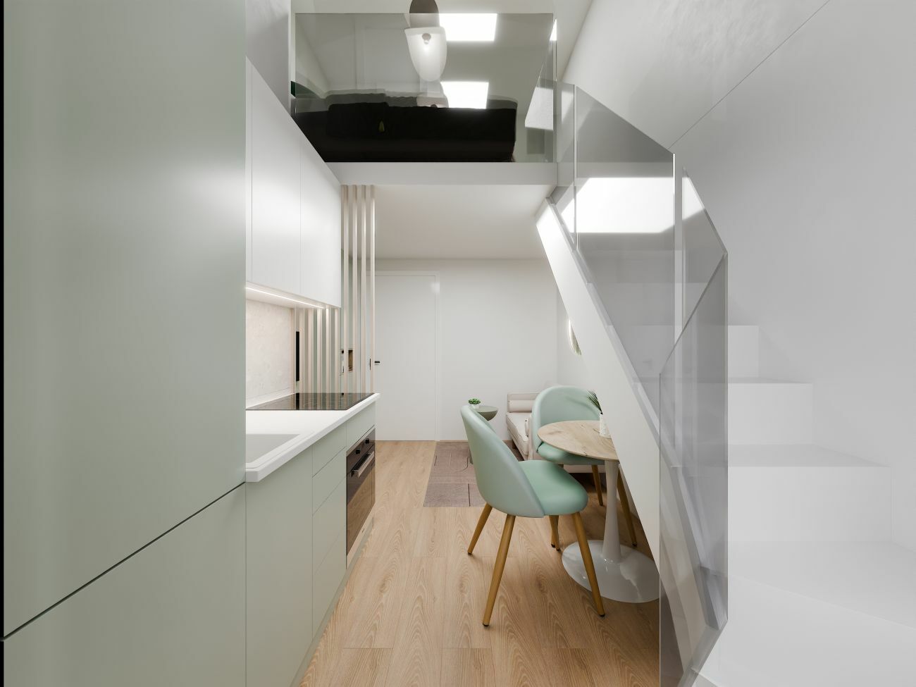 Az alsó szint pasztell színei és fehér falai