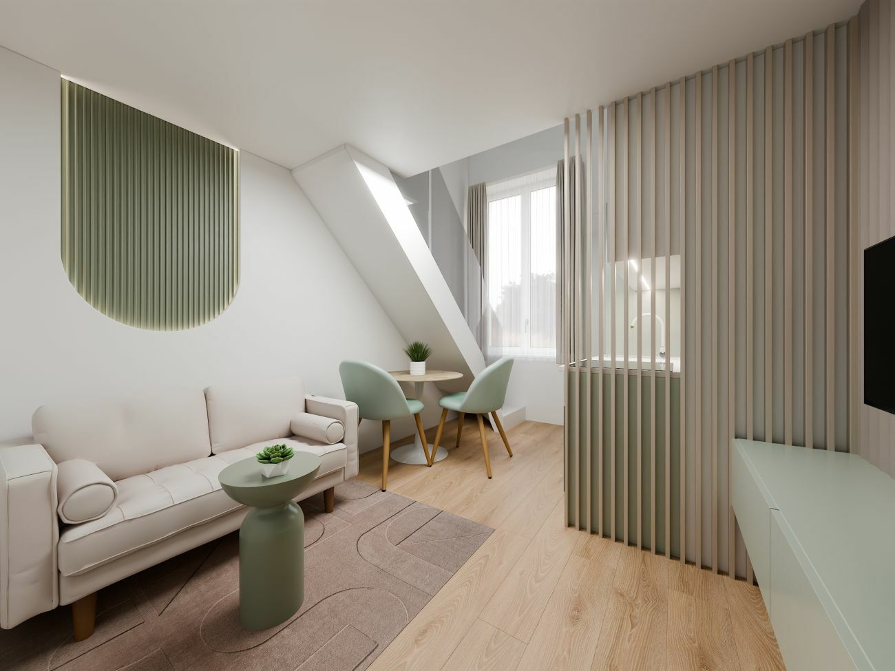 Pici étkező a lépcső alatt és kétszemélyes kanapé