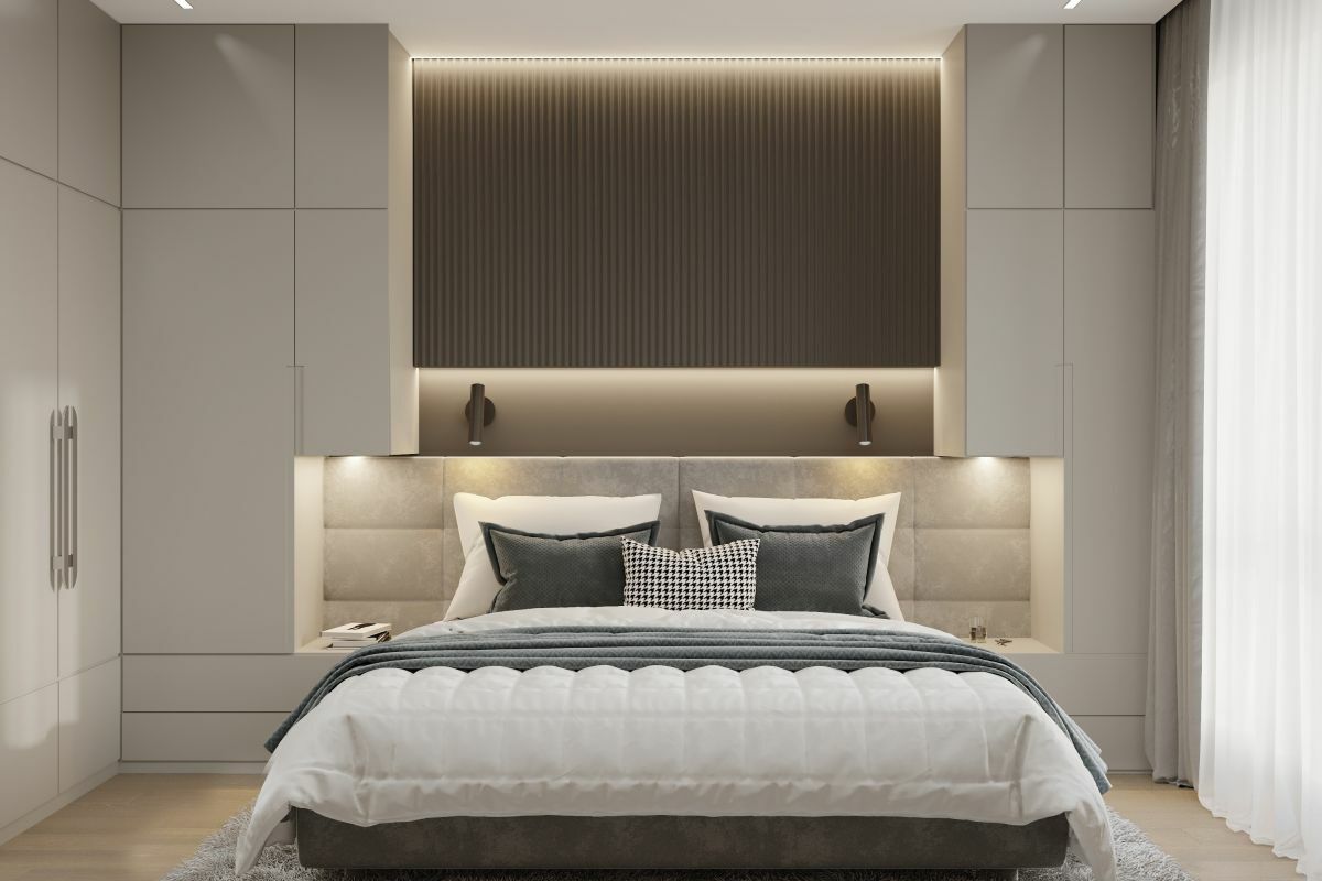 Ágy két oldalára rendezett gardróbszekrény