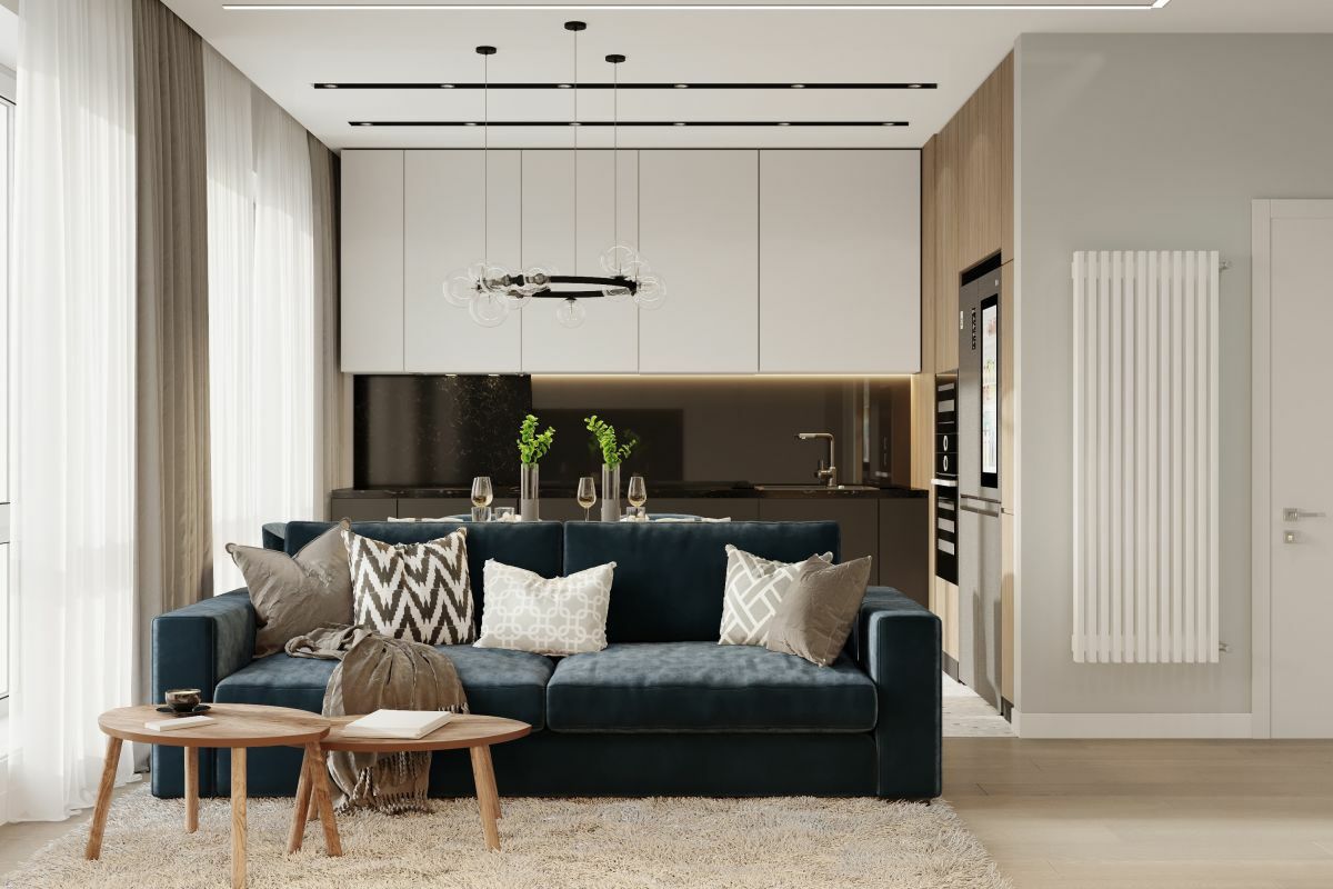 Sötétkék kanapé modern lakberendezés