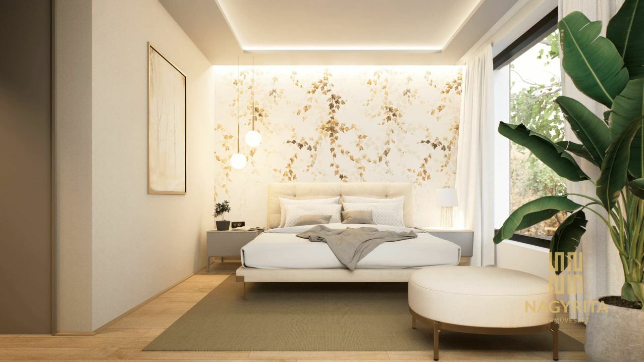 Világos színekkel berendezett hálószoba