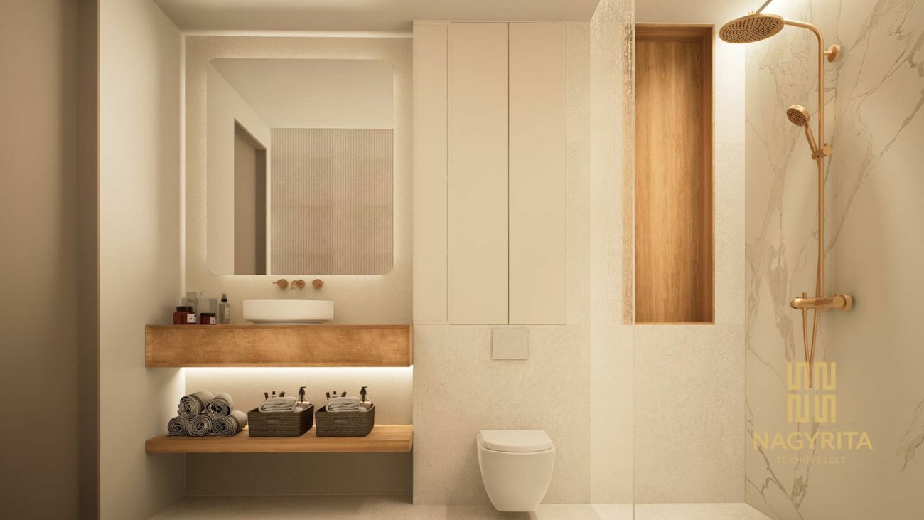 Modern fürdőszoba világos színpalettával