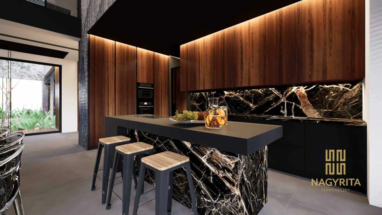 Nyitott tágas konyha fa és fekete színekkel