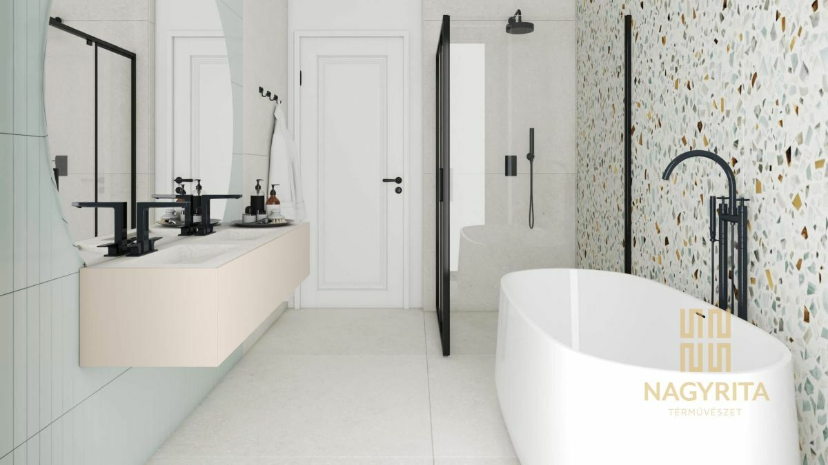 Stílusos modern fürdő fehér bútorokkal