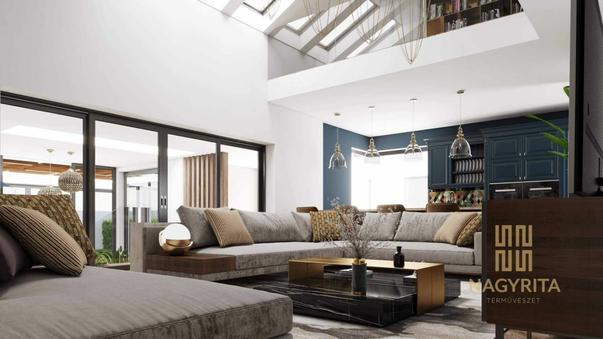 Világos galériás nappali és konyha