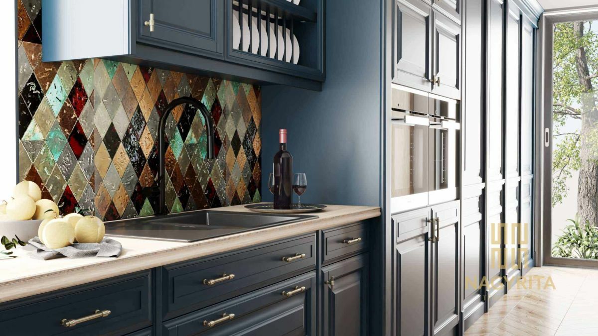 Csempével kiegészített konyhafal