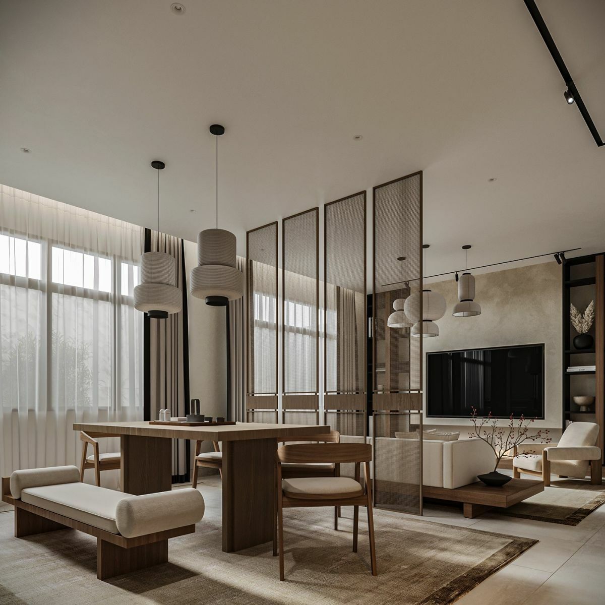 Mennyezetig érő nappali térelválasztó