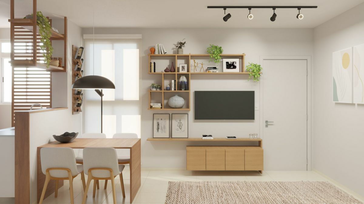 Nappali tévével és polcos szekrénnyel