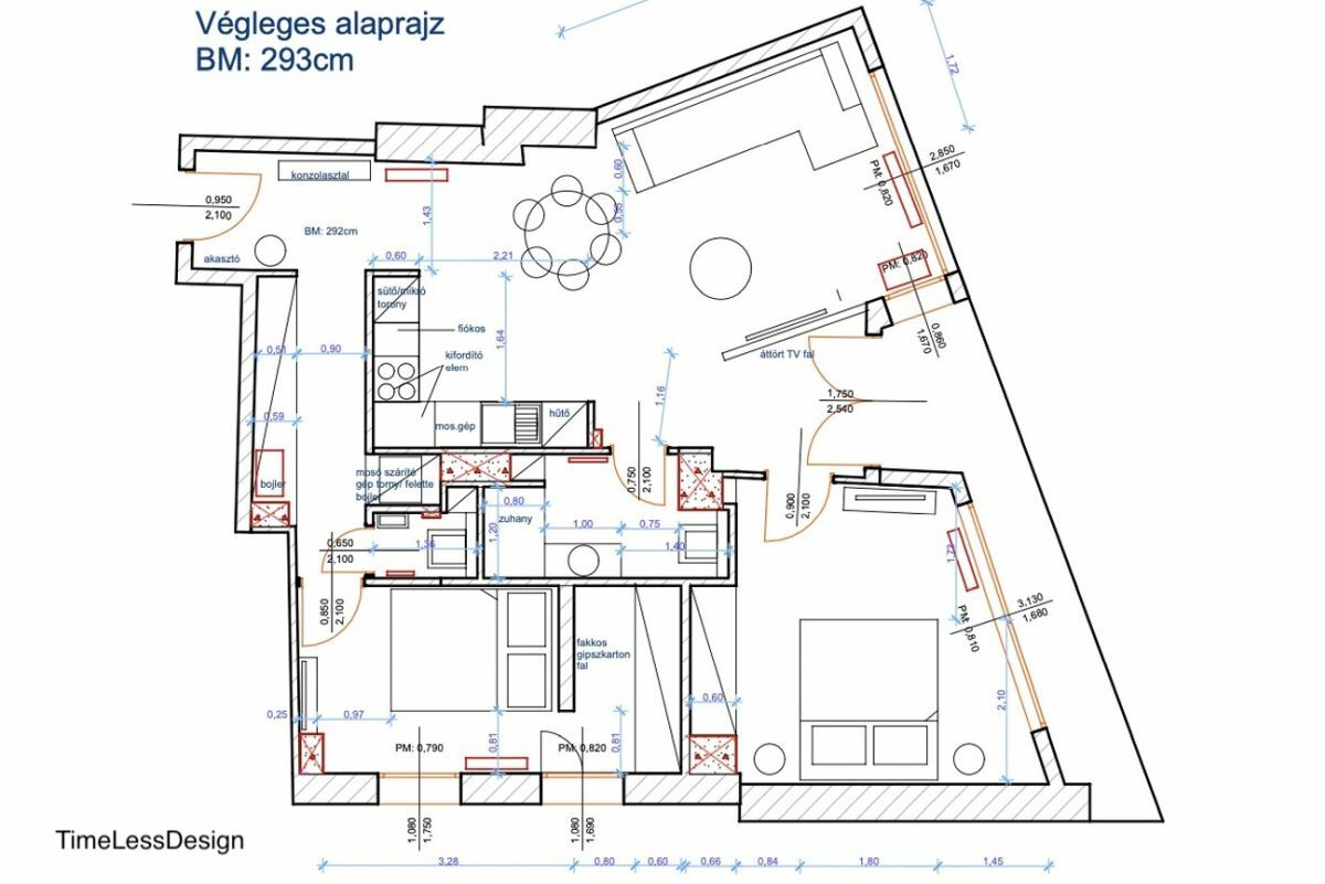 A lakás alaprajza, a belmagasság 293 cm.