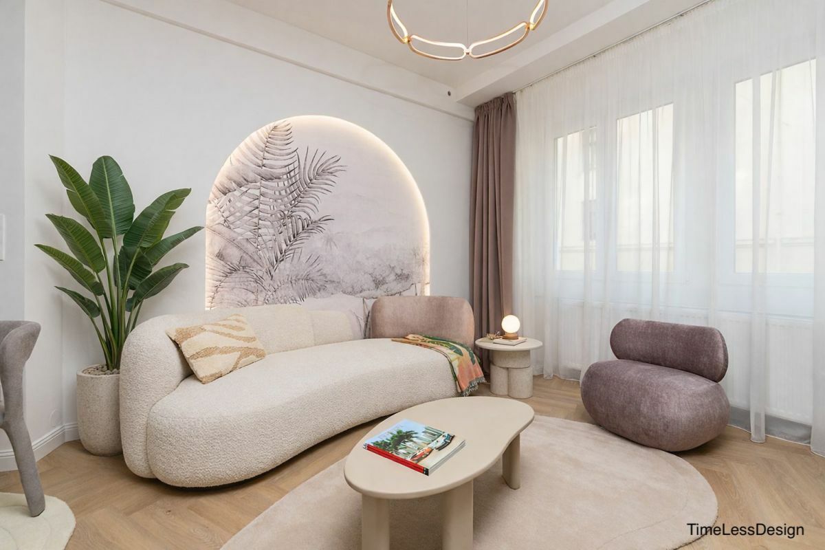 Nappali íves kanapéval és fotellel