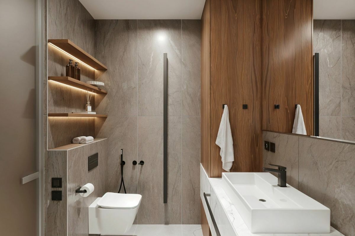 Beton és fa anyagokkal berendezett fürdőszoba