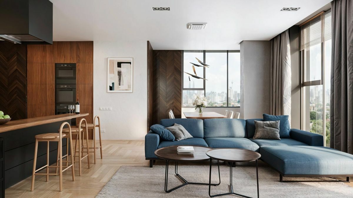 Kék kanapé és kerek dohányzóasztalok