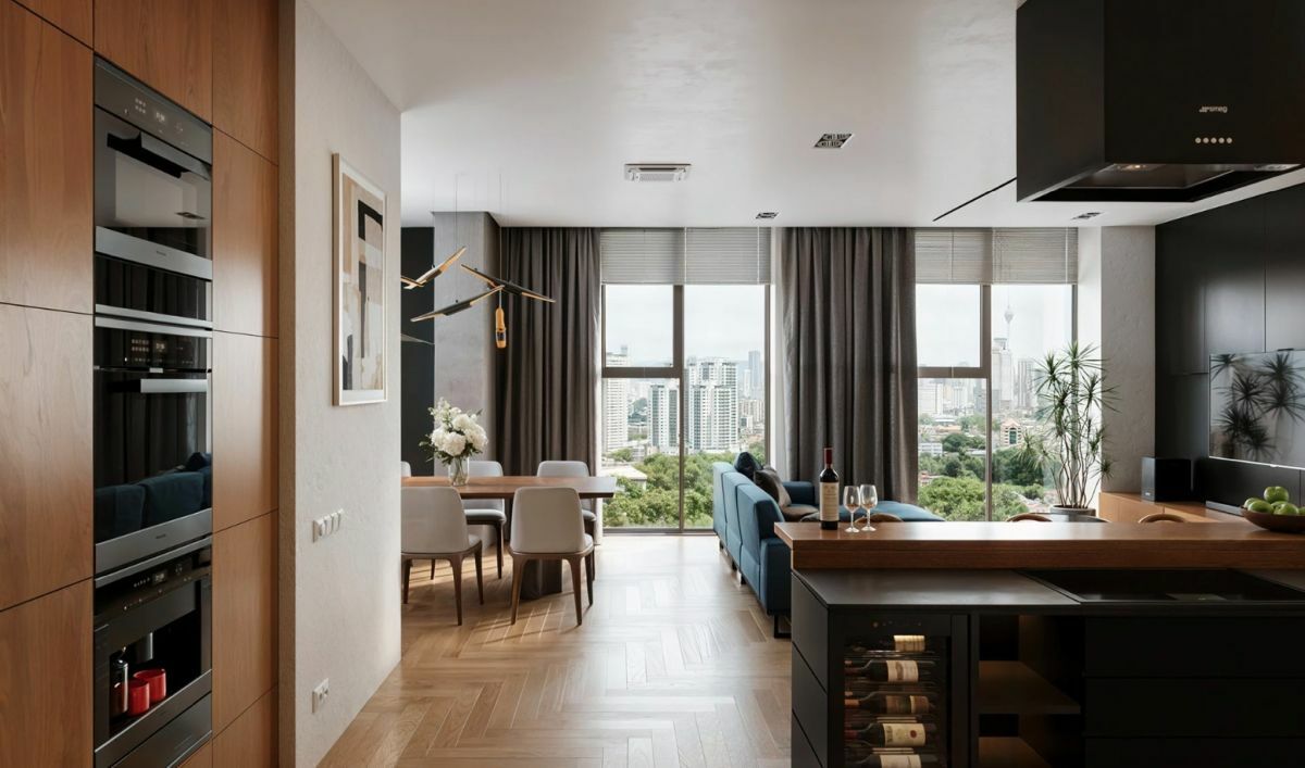 Faparkettás nappali és étkező térben álló kanapéval