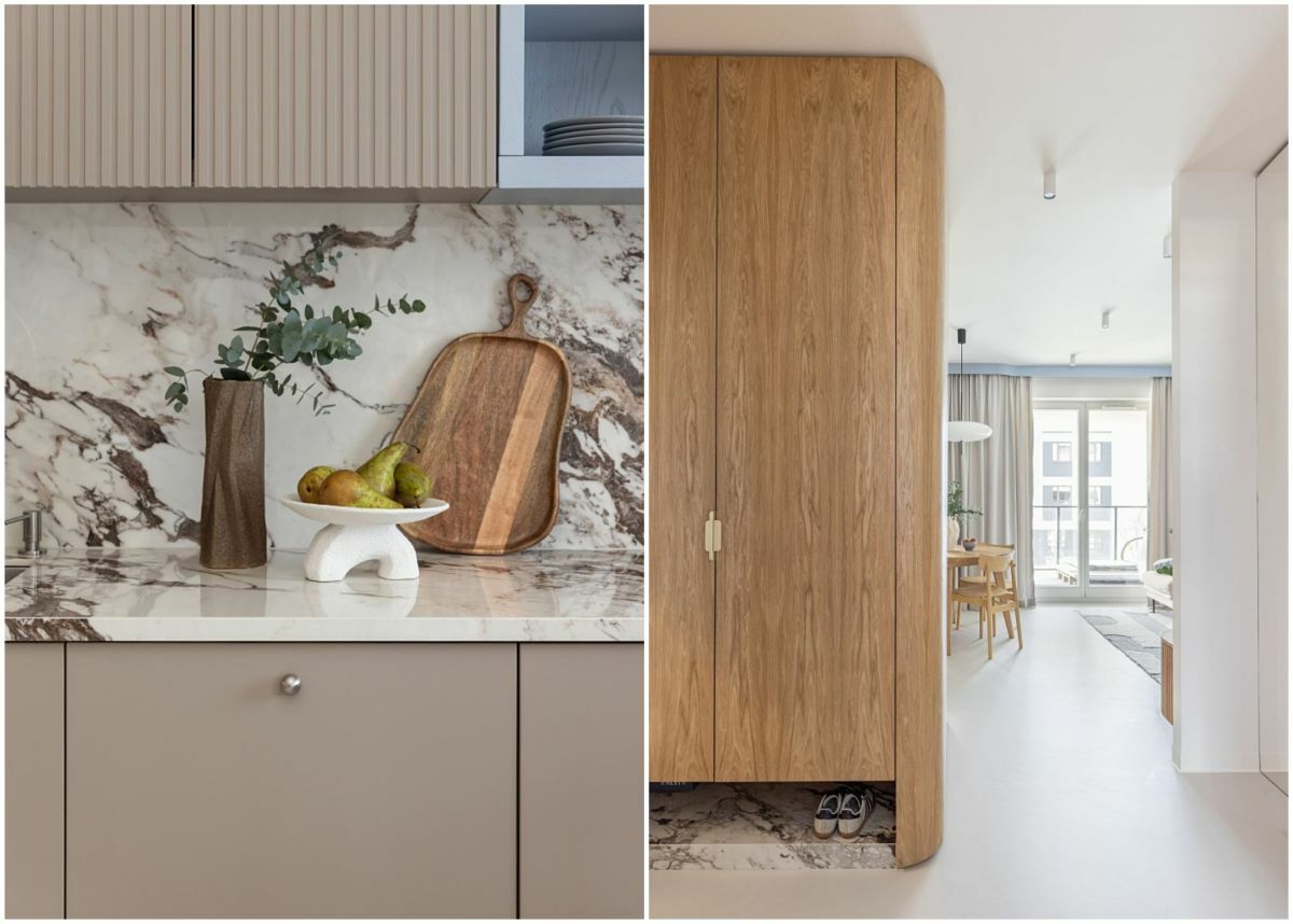 Kőmintás konyhafal burkolat és íves gardrób