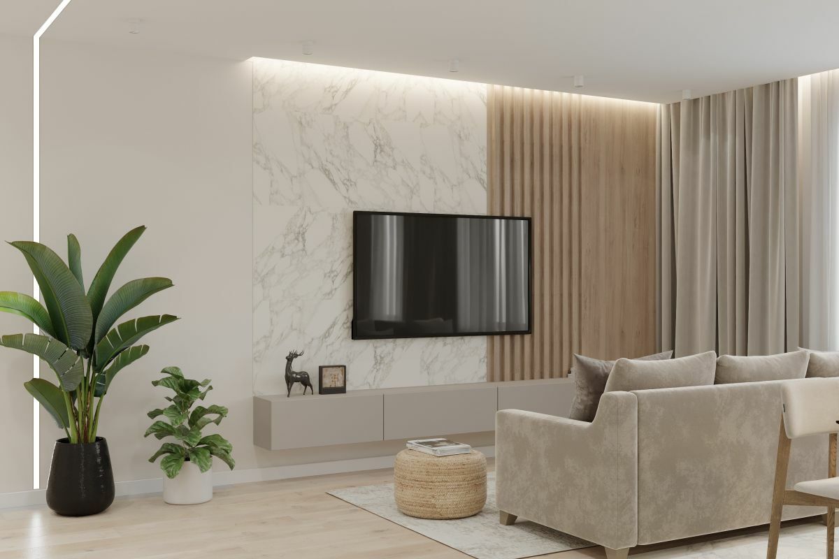 Letisztult nappali egyszerű fal kialakítással