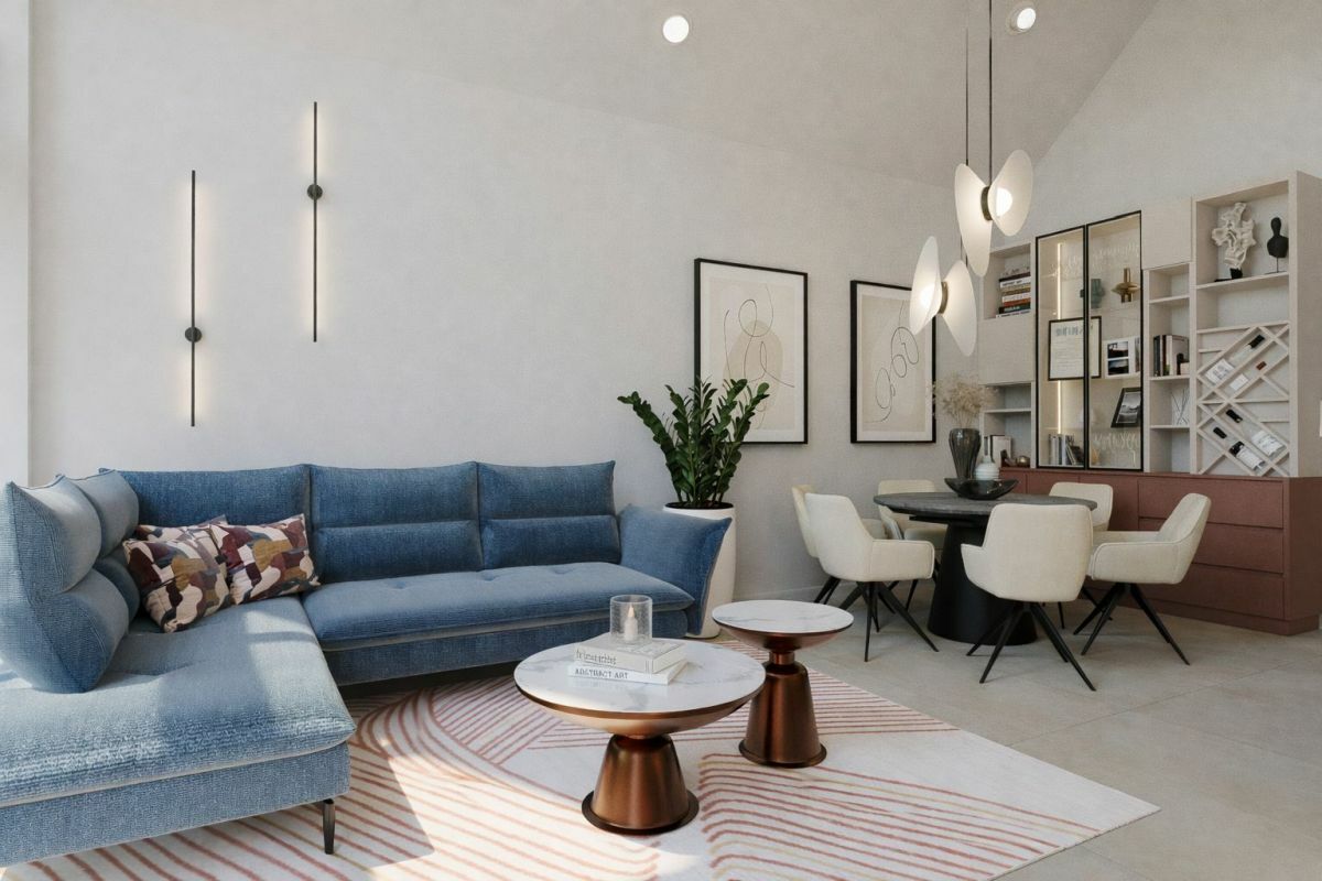 Modern nappali kék sarokkanapéval és designlámpákkal
