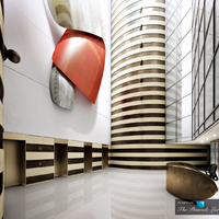 A liftek előtti tér futurisztikus belsőépítészeti elemekkel