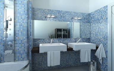 Mozaik és üvegmozaik burkolat fürdőszobában, medencében