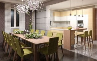 Modern konyha tolóajtóval leválasztható étkezővel, fiatalos nappalival