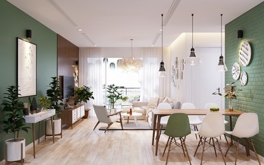 Skandináv stílusú lakás zöld falakkal és dupla hálószobával