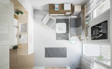 40 nm-es kis lakás fehér falakkal, natúr fafelületekkel és ágyszekrénnyel