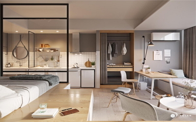 Modern 58 m2-es egyszobás lakás dobogós ággyal és sok világos fafelülettel