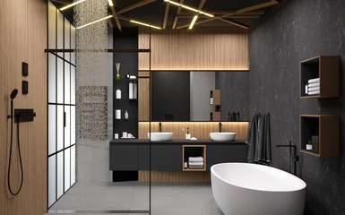 Modern fürdőszoba koncepció natúr bambusz színnel, matt fekete csaptelepekkel