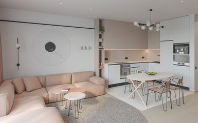 Inspiráló egyterű konyha és nappali halvány púderrózsaszín árnyalatokkal