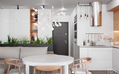 Modern 47 m2-es kis lakás bordós lila falszakaszokkal és alaprajzzal