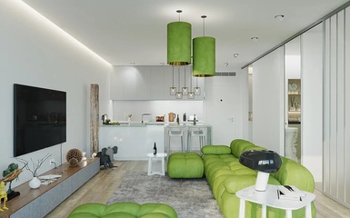 The green flat - Mozgatható áttetsző falak, fehér és élénkzöld friss színkombináció