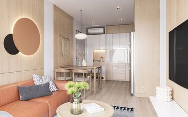 Kis alapterületű kétszobás lakás gyerekszobával és modern home office szobával