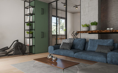 58 m2-es otthon zöld falakkal, beton felületekkel, kék kanapéval és egy cicaházzal