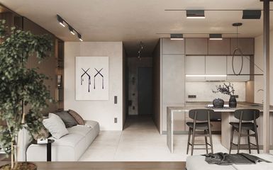 45 m2-es kis lakás praktikus nappali szekrénnyel és bronzbarna színekkel