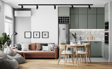 58 m2-es világos otthon zöld konyhával és szép fürdőszobai színkombinációval