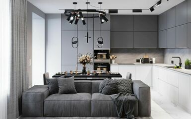 Modern lakberendezés a szürke árnyalataival egy 70 m2-es lakásban