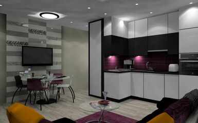 37 m2-es társasházi lakás feketével, fehérrel és lilával - Látványtervek és az elkészült változat