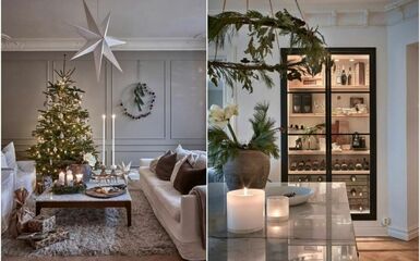 Skandináv lakberendezés és karácsonyi dekoráció fenyőágakkal