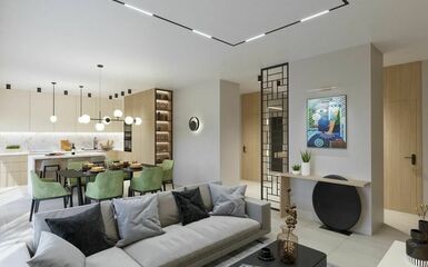 90 m2-es társasházi lakás lakberendezési látványtervei különleges részletekkel