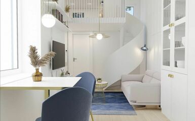 Hófehér bútorok és egyedi részletek a 28 + 13 m2 alapterületű galériás lakásban