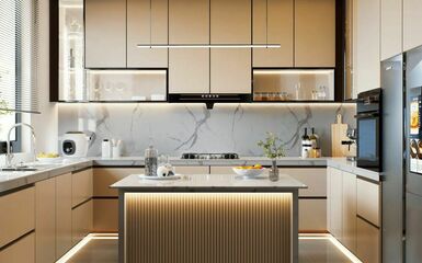 Inspiráló modern konyhabútor rejtett led fényekkel és okoshűtővel